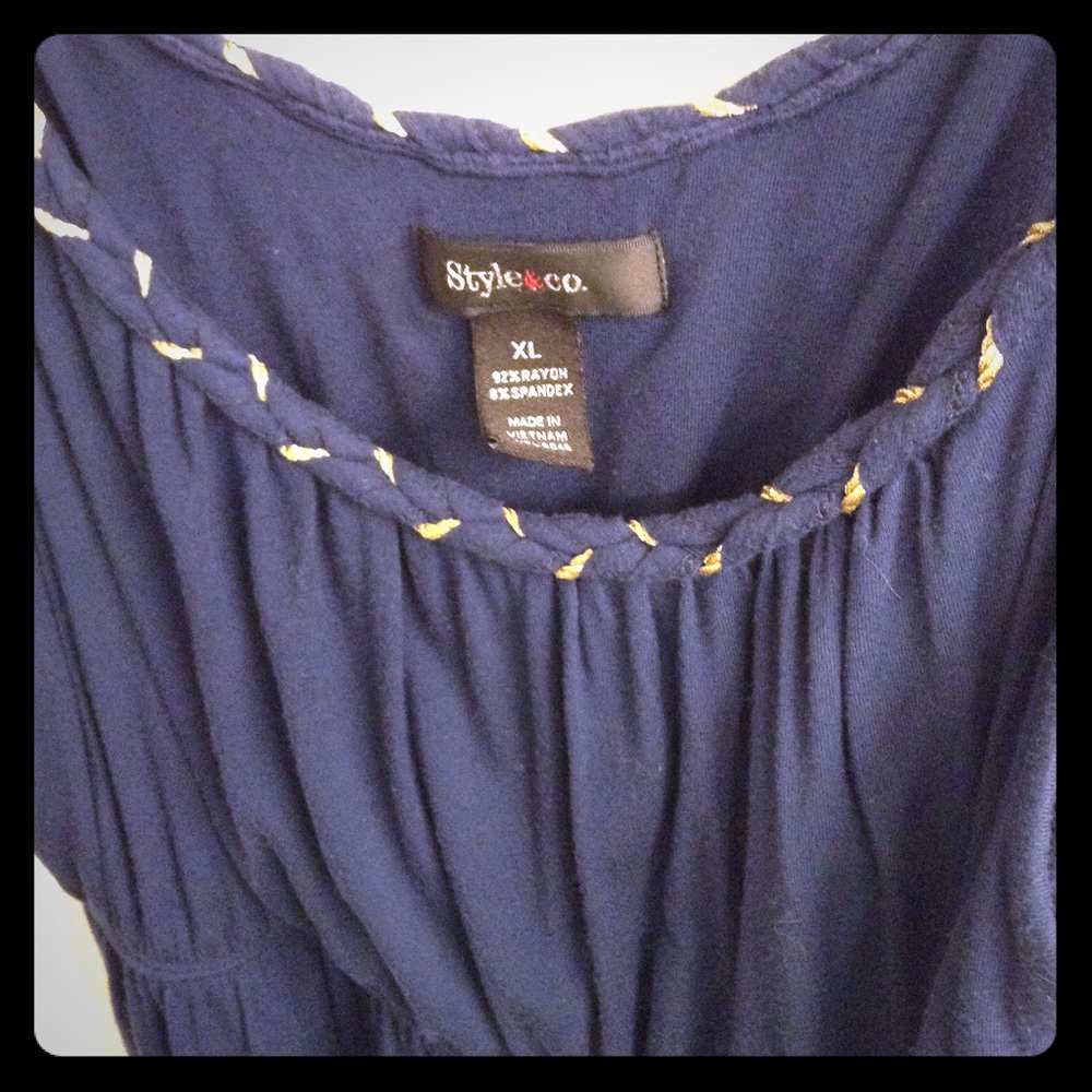 Blue jersey knit dress white flower print border